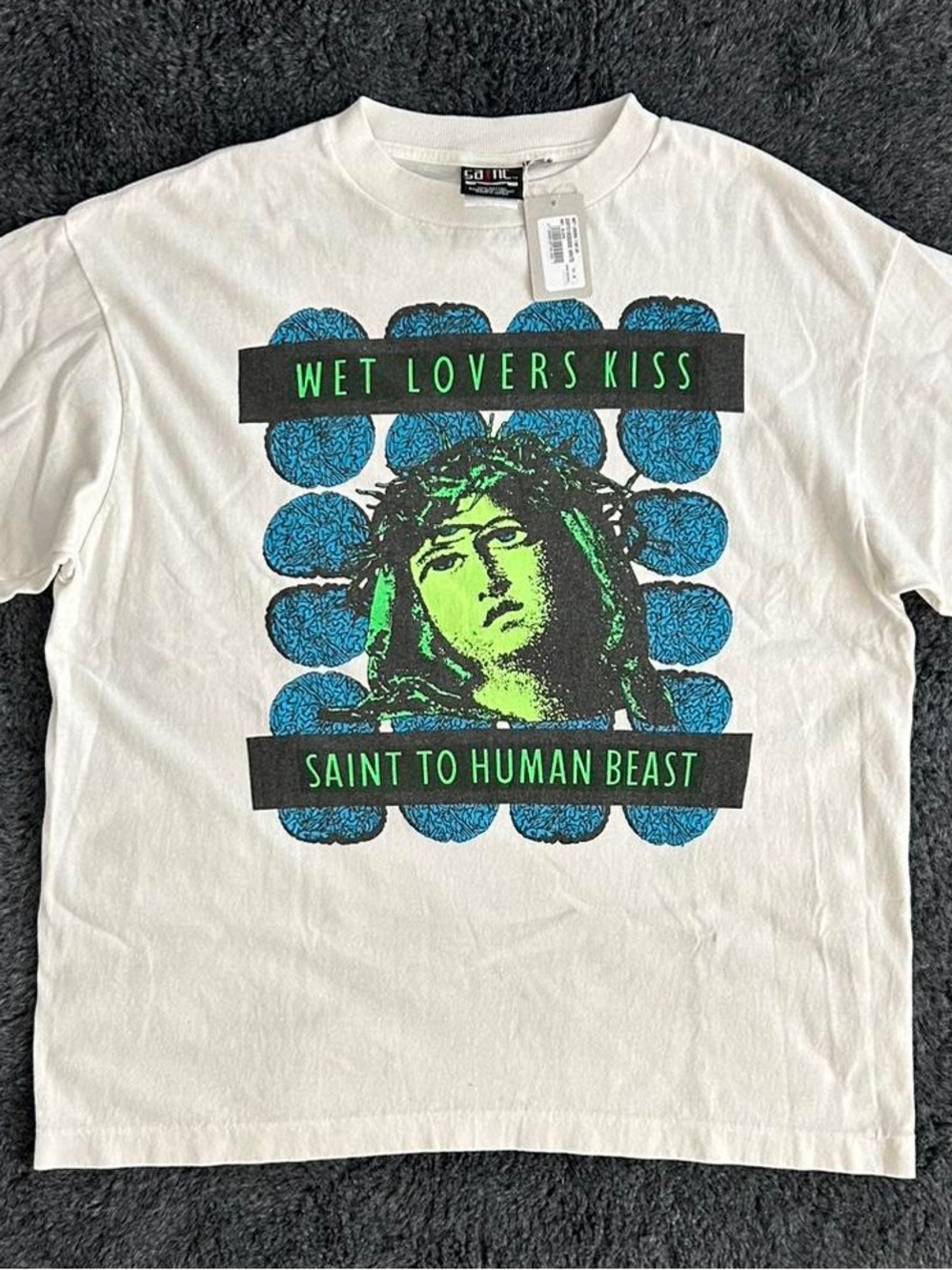 Saint Michael Wet Lovers Kiss Graphic Tee - Cream with Blue & Green Print